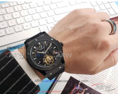 Perfect Replica Hublot Classic Fusion Black Steel Case Tourbillon Hollow Dial 43mm Watch